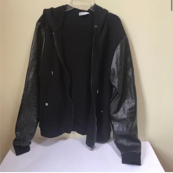 Versace Collection Hoodie Jacket Leather Cotton Sleeves Zip Up Hood Coat Logo MS - Picture 3 of 16